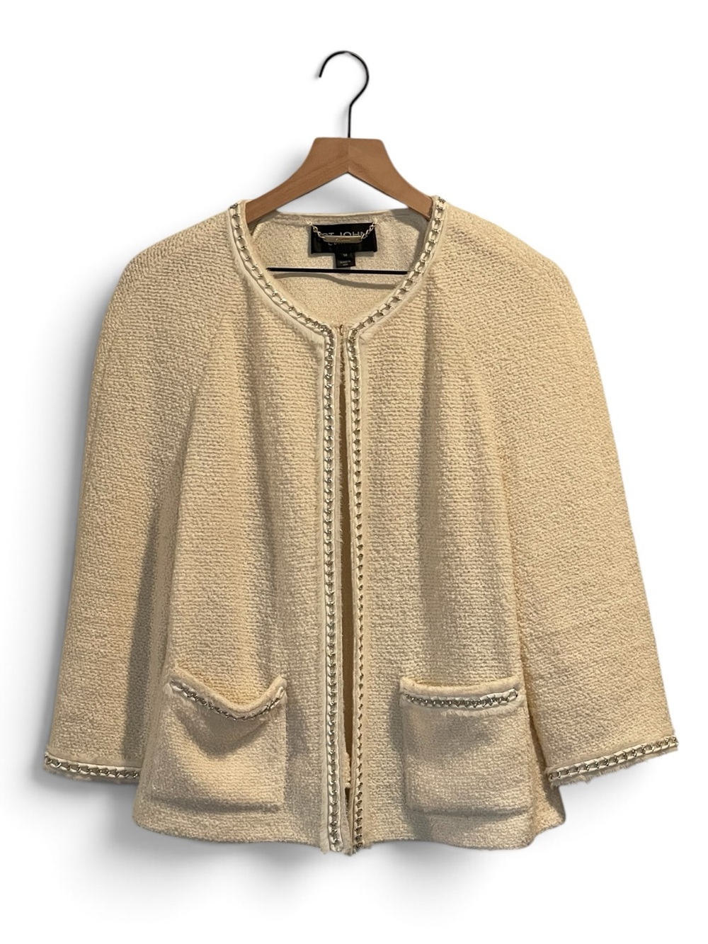 St. John Couture Cream Bouclé Open Cardigan Jacket, Soft Wool Blend, Size 14